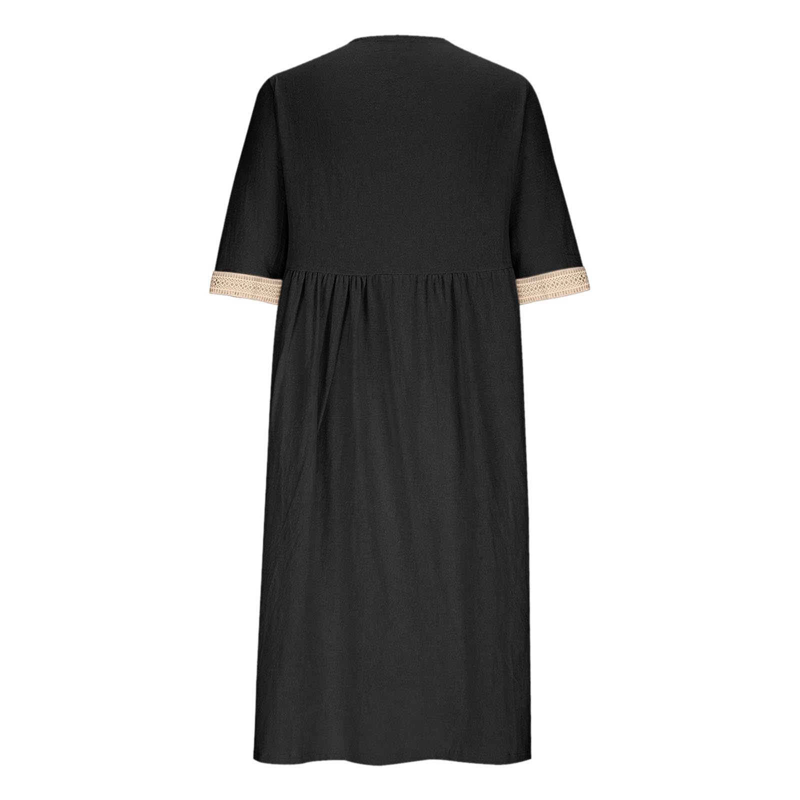 thumbnail image 4 of Vestido largo boho para mujer: vestido informal de manga corta con cuello en V, botones y bolsillos, cintura alta, 4 of 5